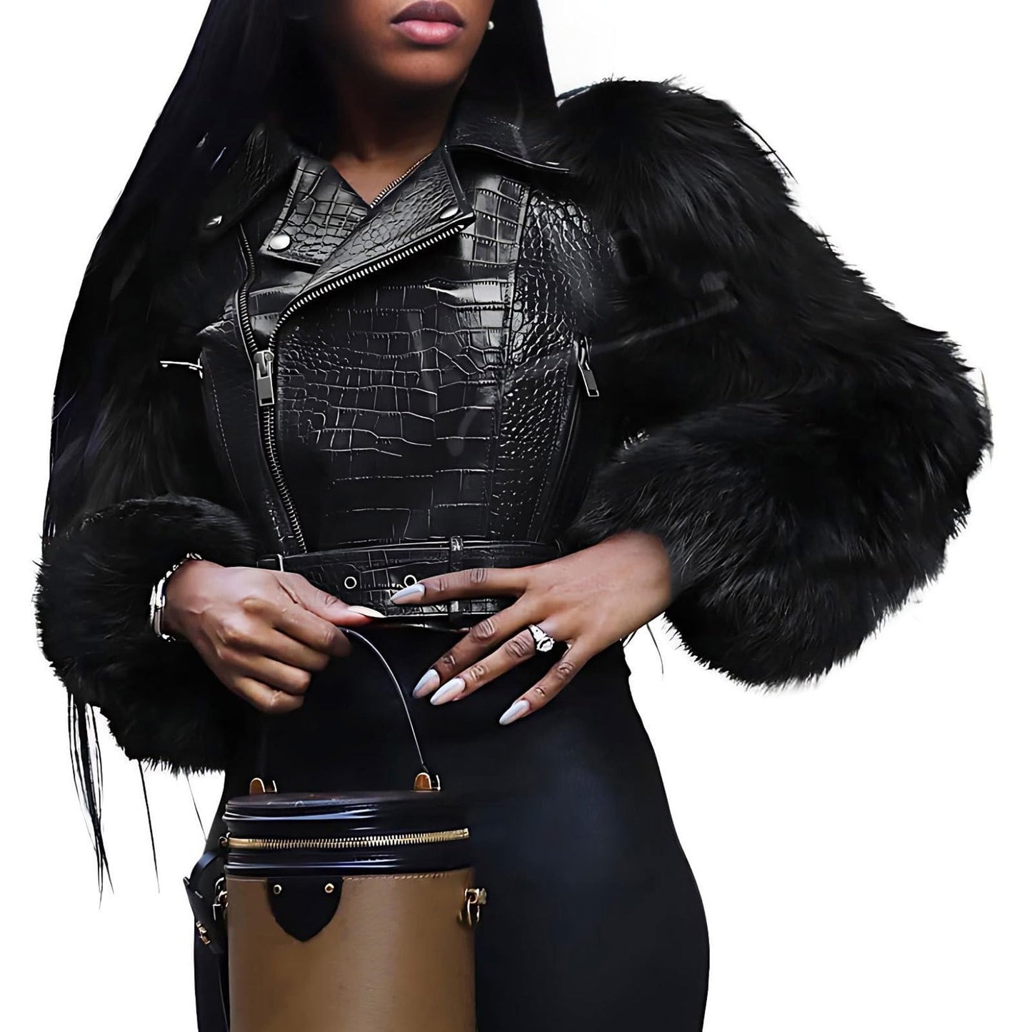 Akmipoem Leather Jacket Women Cropped PU Moto Coat Faux Fur Sleeve Short Biker Jackets Fall Streetwear with Belt Black XL