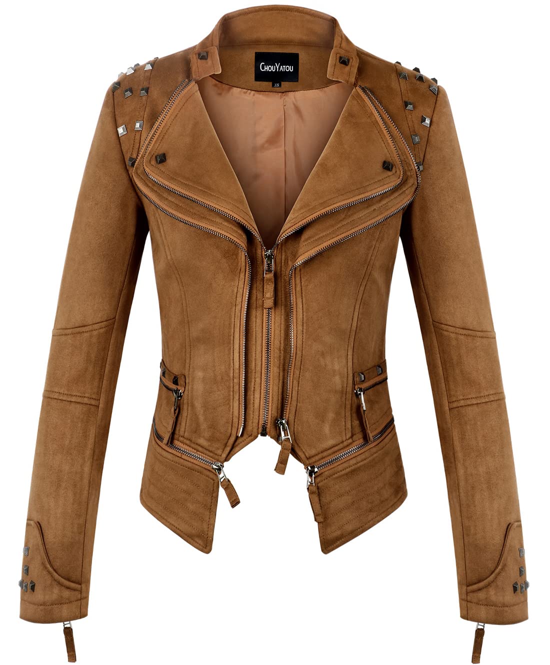 chouyatou Women's Fashion Studded Perfectly Shaping Faux Leather Biker Jacket (Medium, Suede Brown)