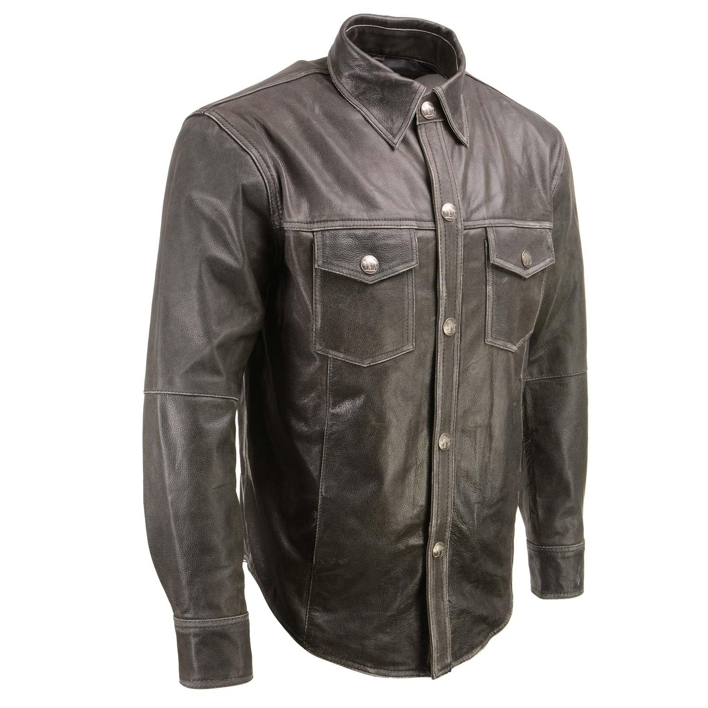 Milwaukee Leather MLM1612 Men's Distressed Grey Casual Biker Rider Leather Shirt w/Vintage 5 Cent Buffalo Buttons - Medium