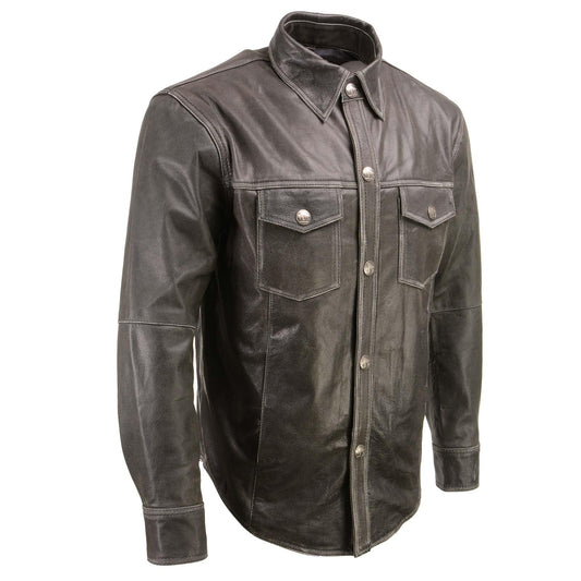 Milwaukee Leather MLM1612 Men's Distressed Grey Casual Biker Rider Leather Shirt w/Vintage 5 Cent Buffalo Buttons - Medium