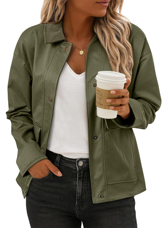 EVALESS Bomber Jacket Women Lightweight Button Down Jackets,Green,M