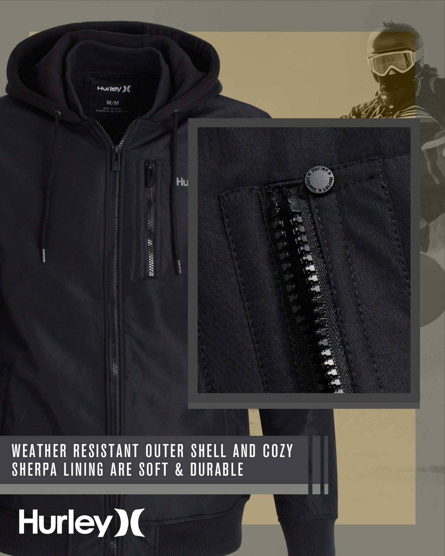 Hurley Mens Bomber Jacket - Soft Cozy Sherpa Lined Weather Resistant Casual Hooded Fleece Jacket for Men (Sizes: S-XL), Size Medium, Black