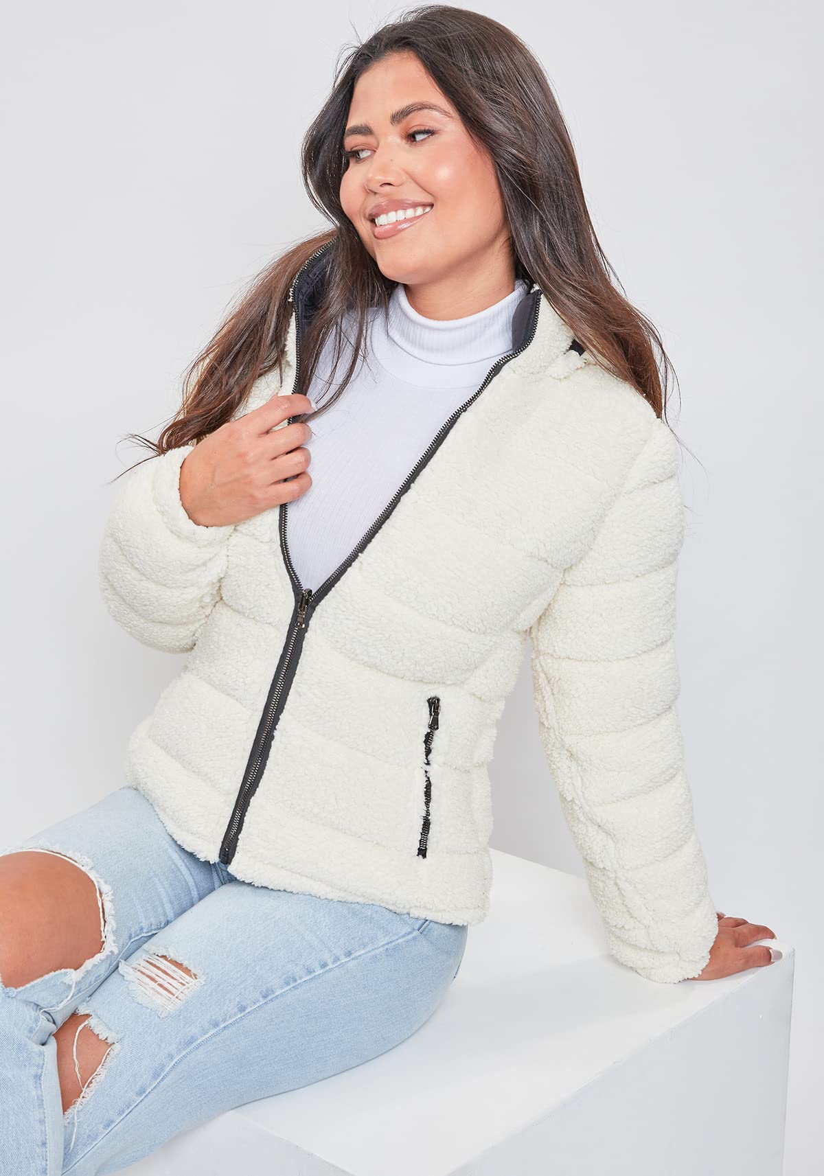 YMI Womens Junior Faux Leather Sherpa Lined Jacket, Ivobl, Small US