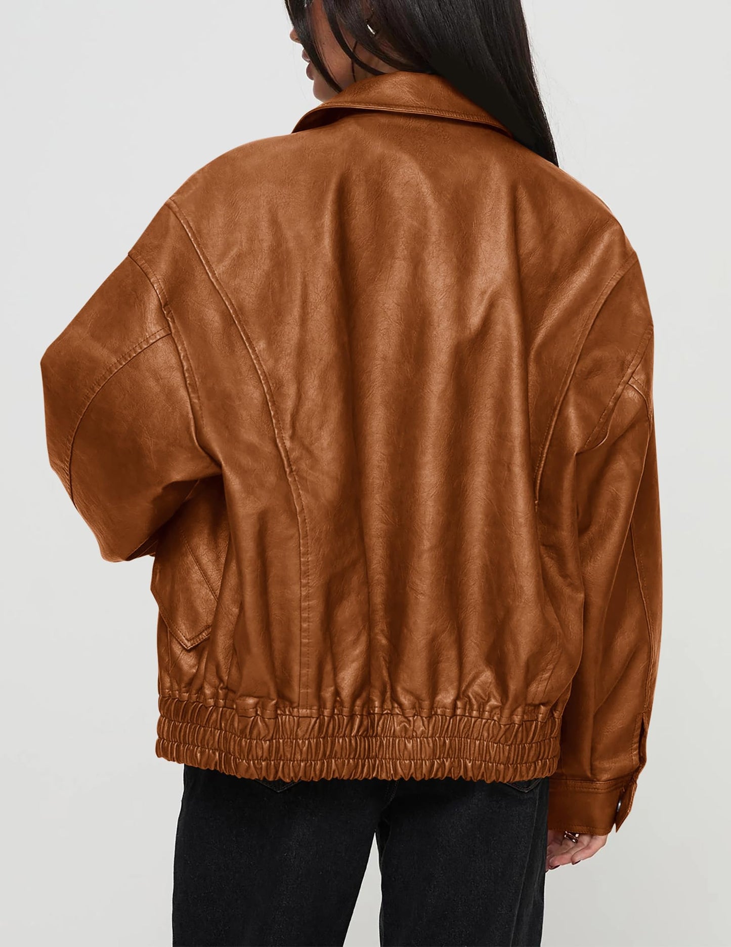 PRETTYGARDEN Women's Faux Leather Motorcycle Jacket Trendy Fall Spring Clothes Oversized Zip Up Winter Coat Outerwear (Brown,Medium)