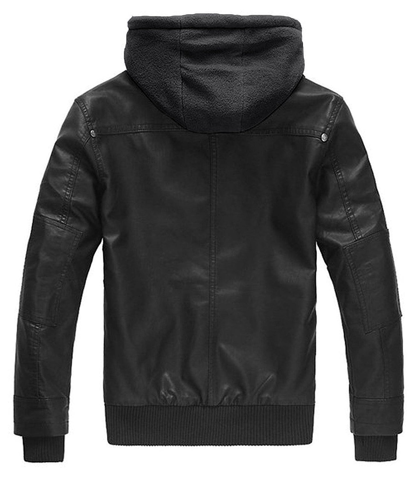wantdo Mens Leather Jacket with Removable Hood Pure Black,S,(fleece Lining)
