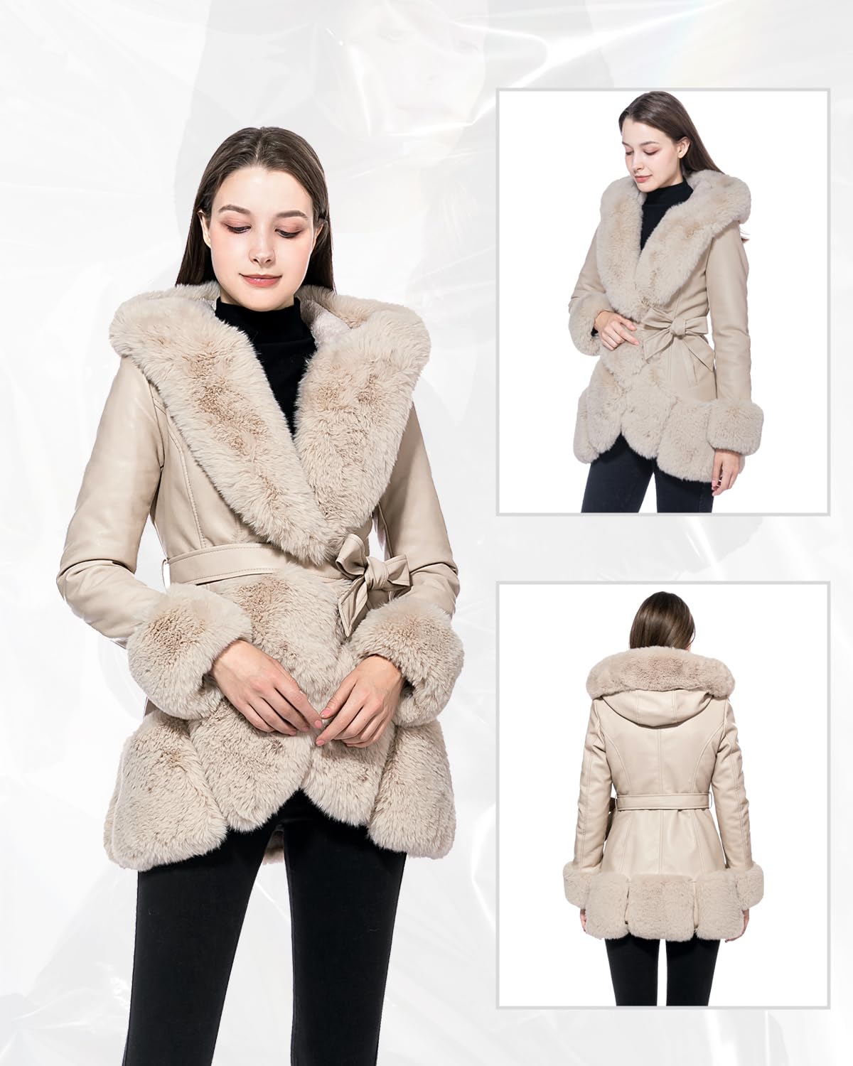 GRAN ORIENTE Women's Faux Leather Coat with Faux Fur Collar,Winter Warm Belted Mid Length Trim Jacket Fur Lined with Hood (002 Apricot S)
