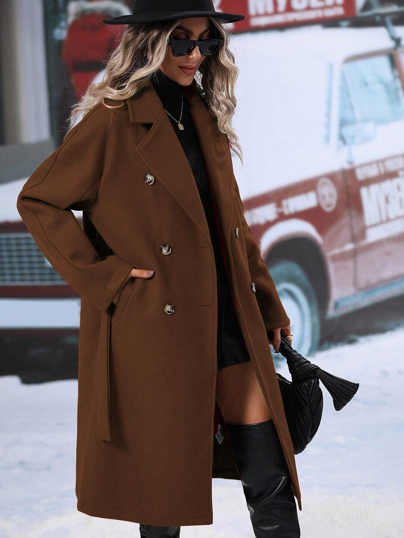 utcoco Womens Long Wool Pea Coat Notched Lapel Double Breasted Trench Coat Winter Warm Overcoat with Belt (Small, Brown)
