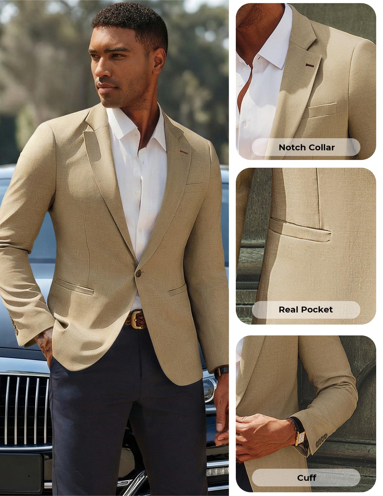 PJ PAUL JONES Mens One-Button Blazer Casual Lightweight Sport Coat Notch Lapel Solid Sport Jackets Khaki