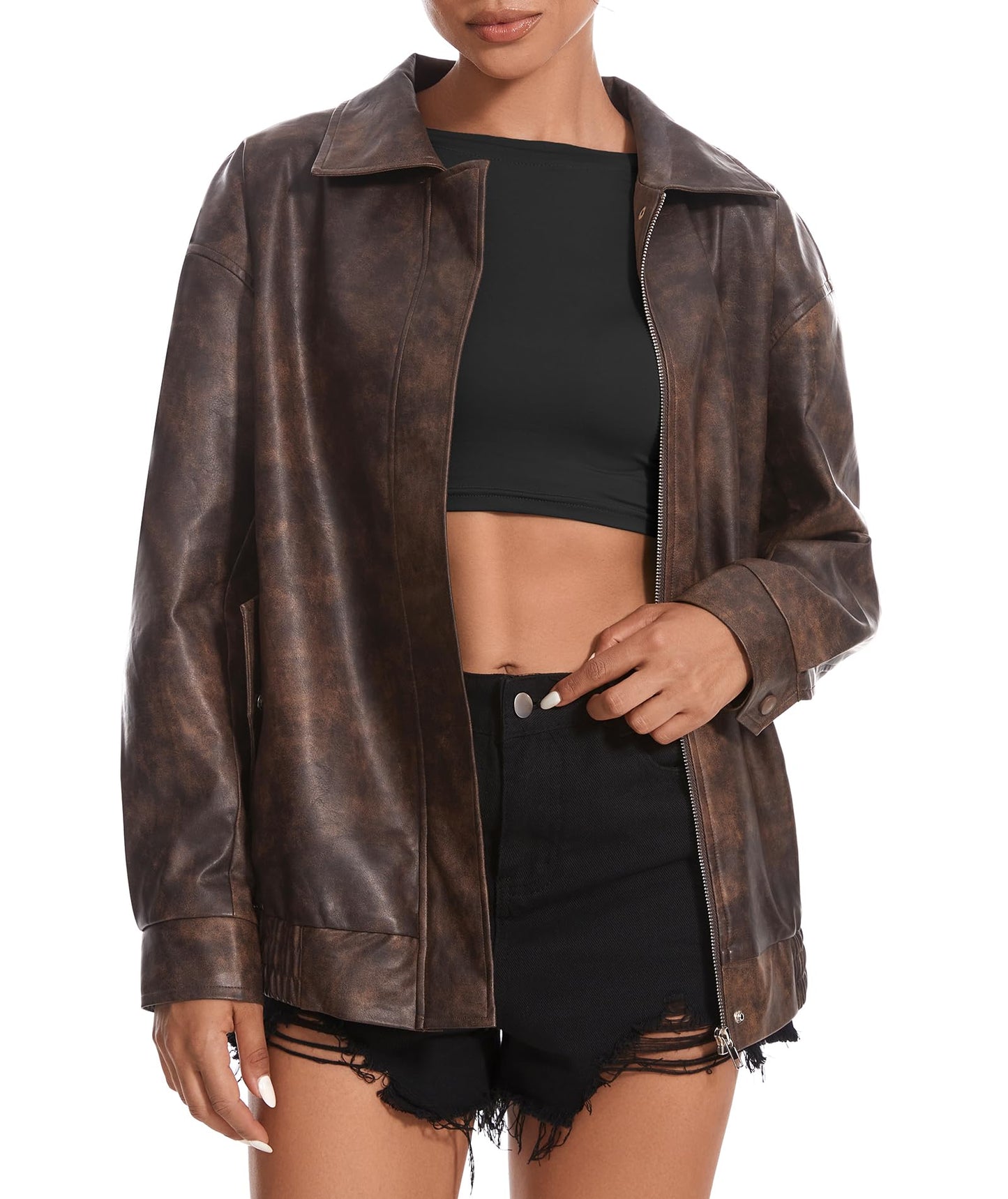 Casly Lamiit Women's Leather Jacket Faux Motorcycle Oversized Zip Up Coat Bomber Jackets Fall Casual Fashion Outfits Outerwear Brown L
