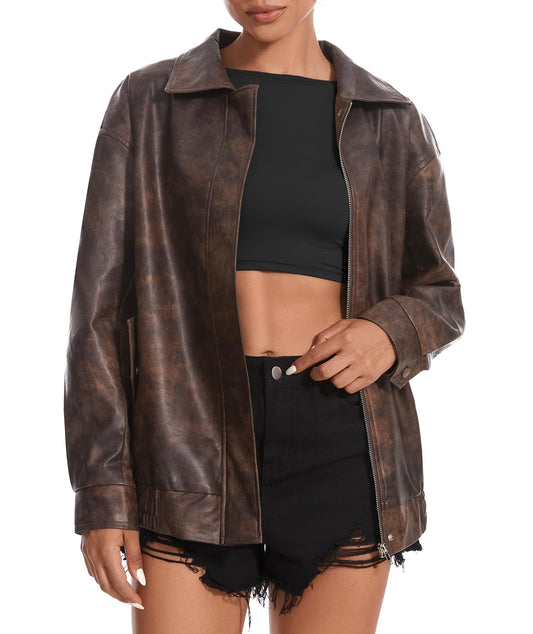 Casly Lamiit Women's Leather Jacket Faux Motorcycle Oversized Zip Up Coat Bomber Jackets Fall Casual Fashion Outfits Outerwear Brown L