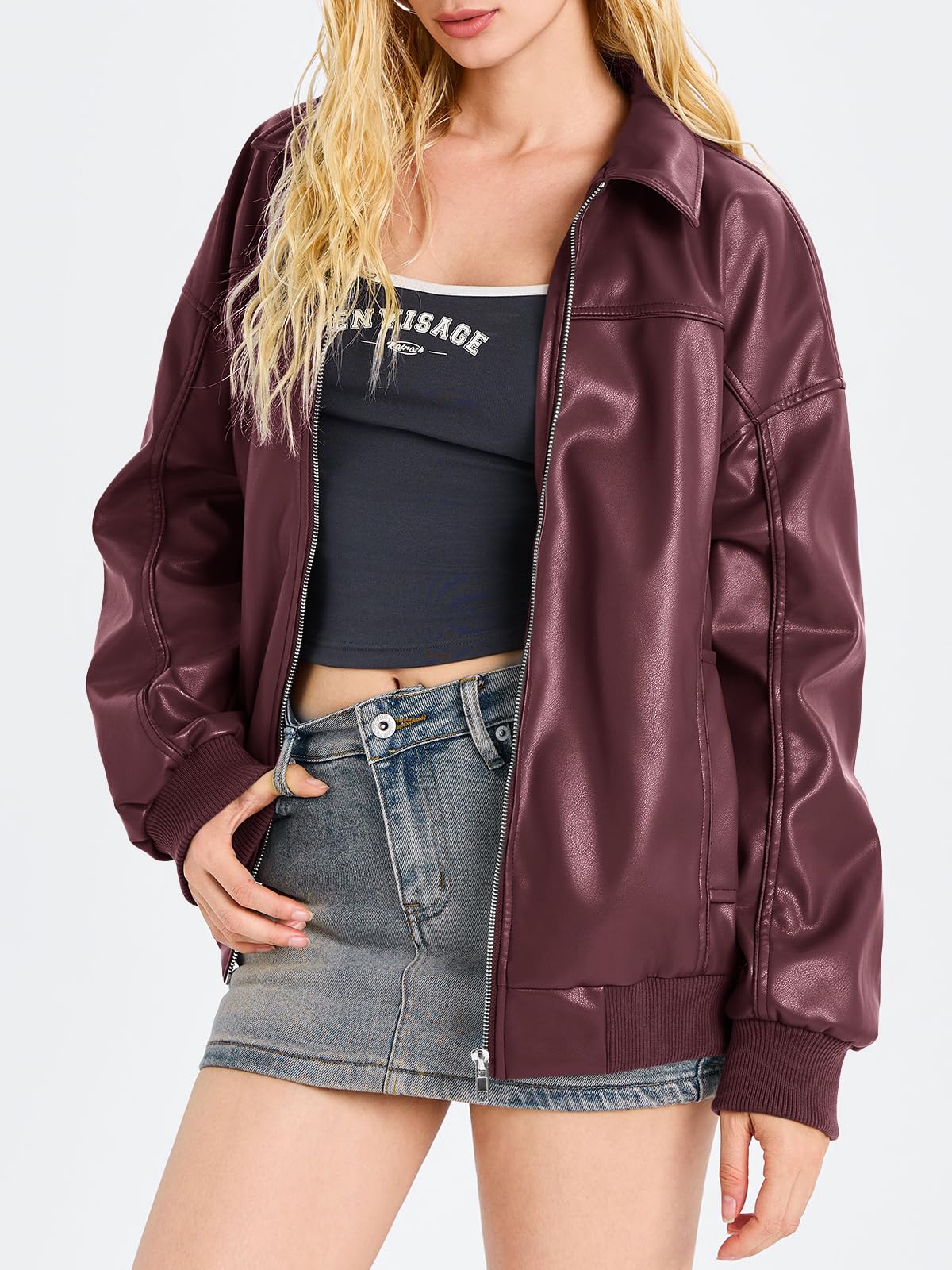 Tankaneo Womens Faux Leather Jackets Oversized Bomber Casual Fall Fashion Zip Up Moto Biker Coats