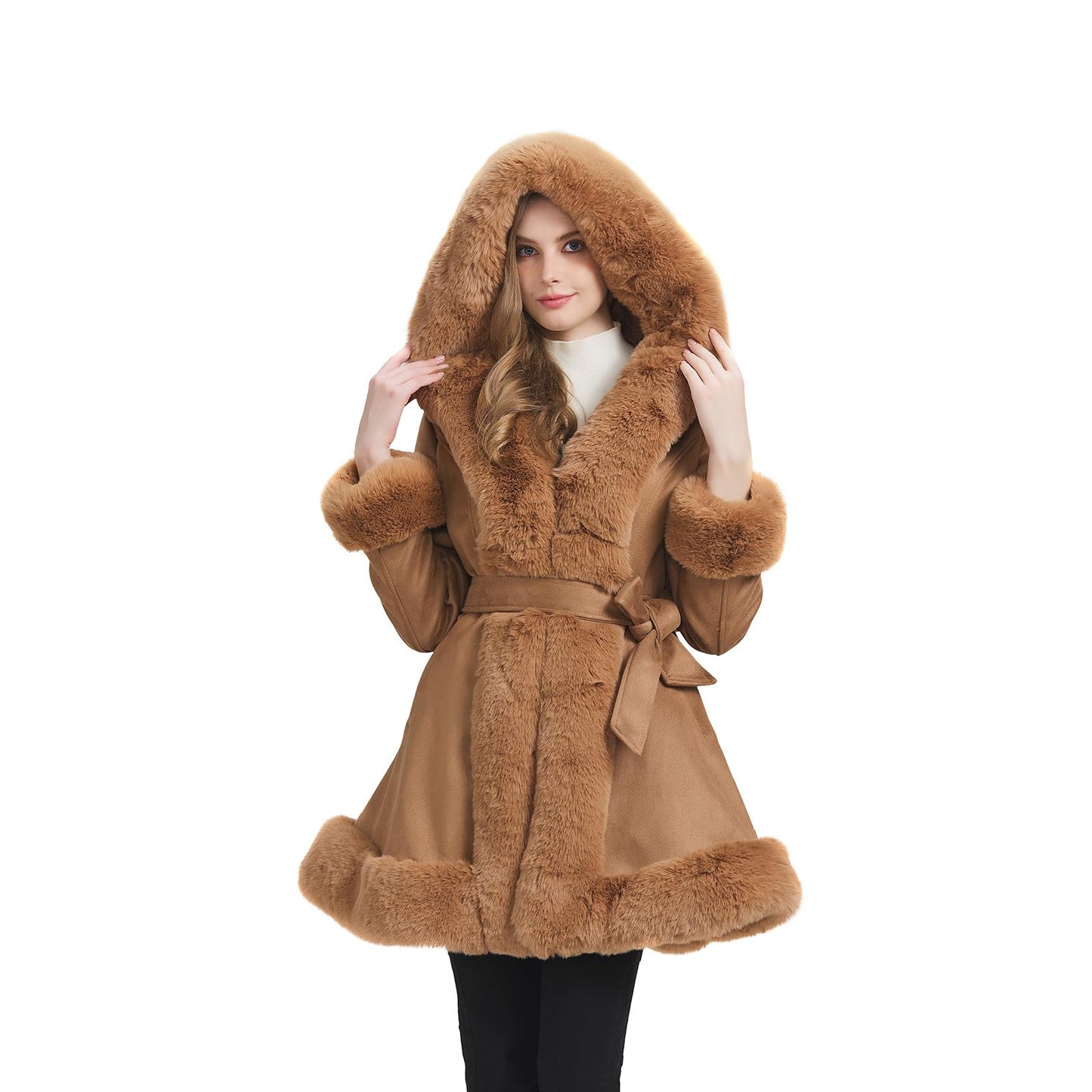 GRAN ORIENTE Beige Suede Jacket for Women with Faux Fur Collar,Long Sleeve Warm Winter Parka Coat with Belt Outerwear(056 Beige M)
