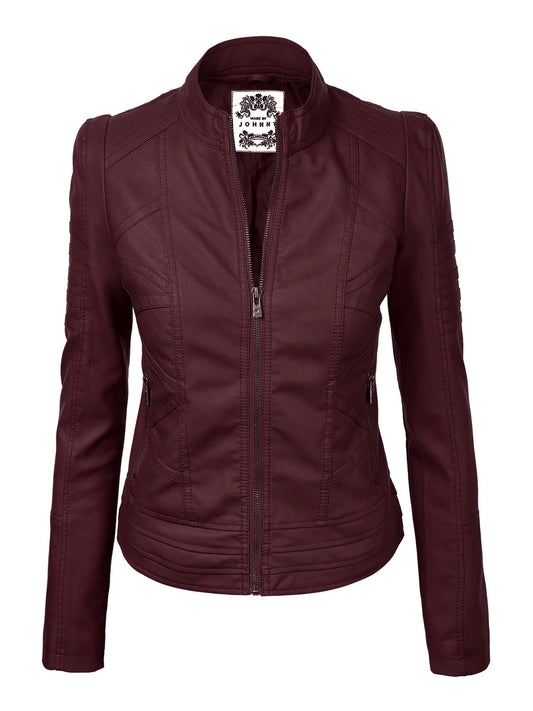 Made By Johnny MBJ WJC746 Womens Vegan Leather Motorcycle Jacket L Wine