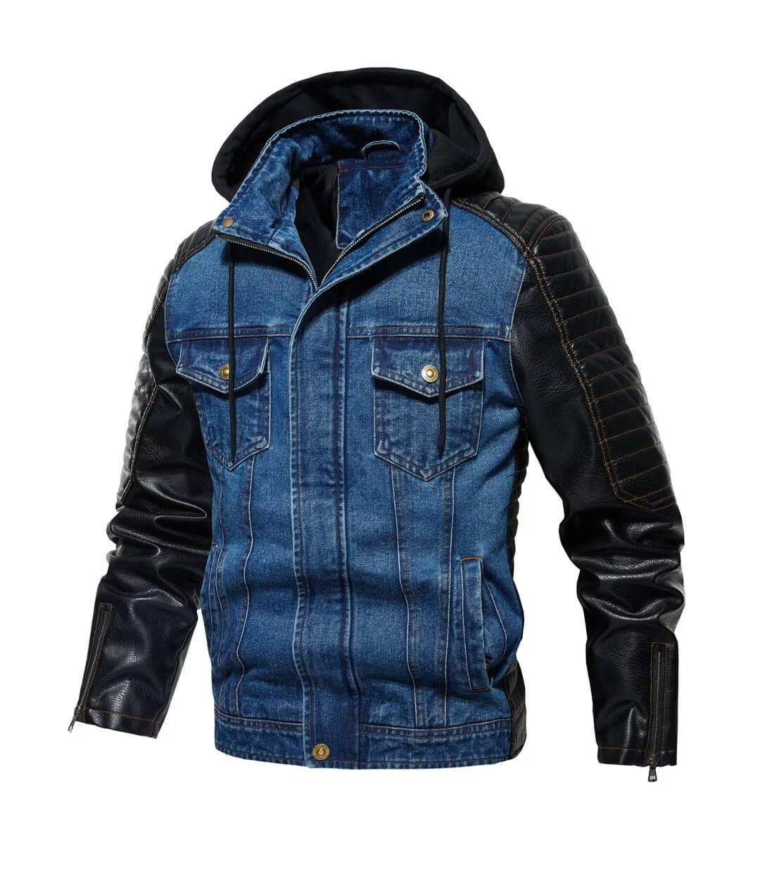FTIMILD Mens Denim Jacket with Pu Leather Patchwork Biker Jacket with Detachable Hood Jean Jacket with Multiple Pockets