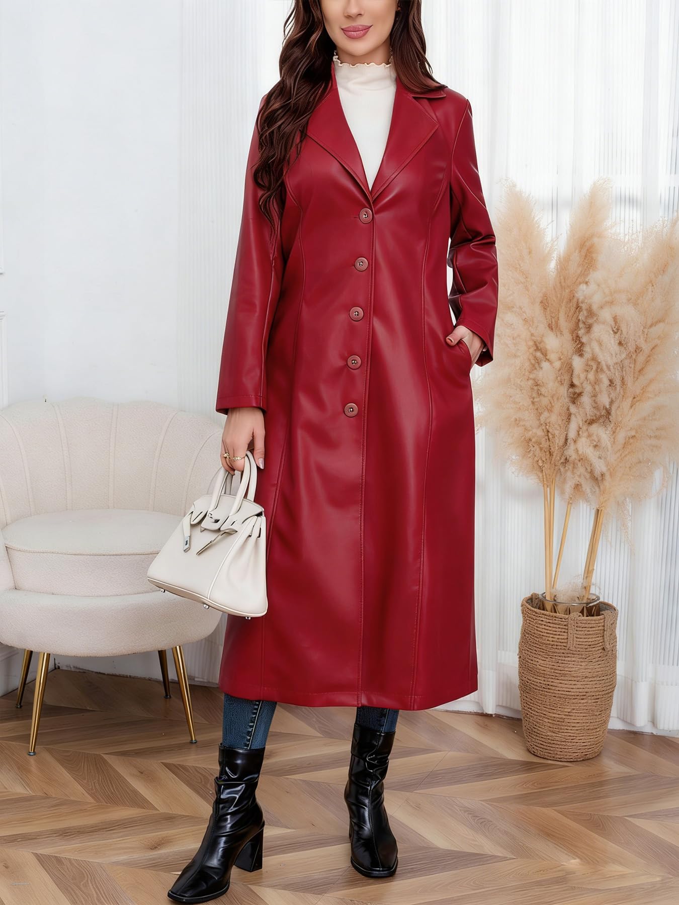 utcoco Womens Faux Leather Trench Coat Classic Lapel Button Down Maxi Jacket 2025 Stylish Overcoat (Small, Red)