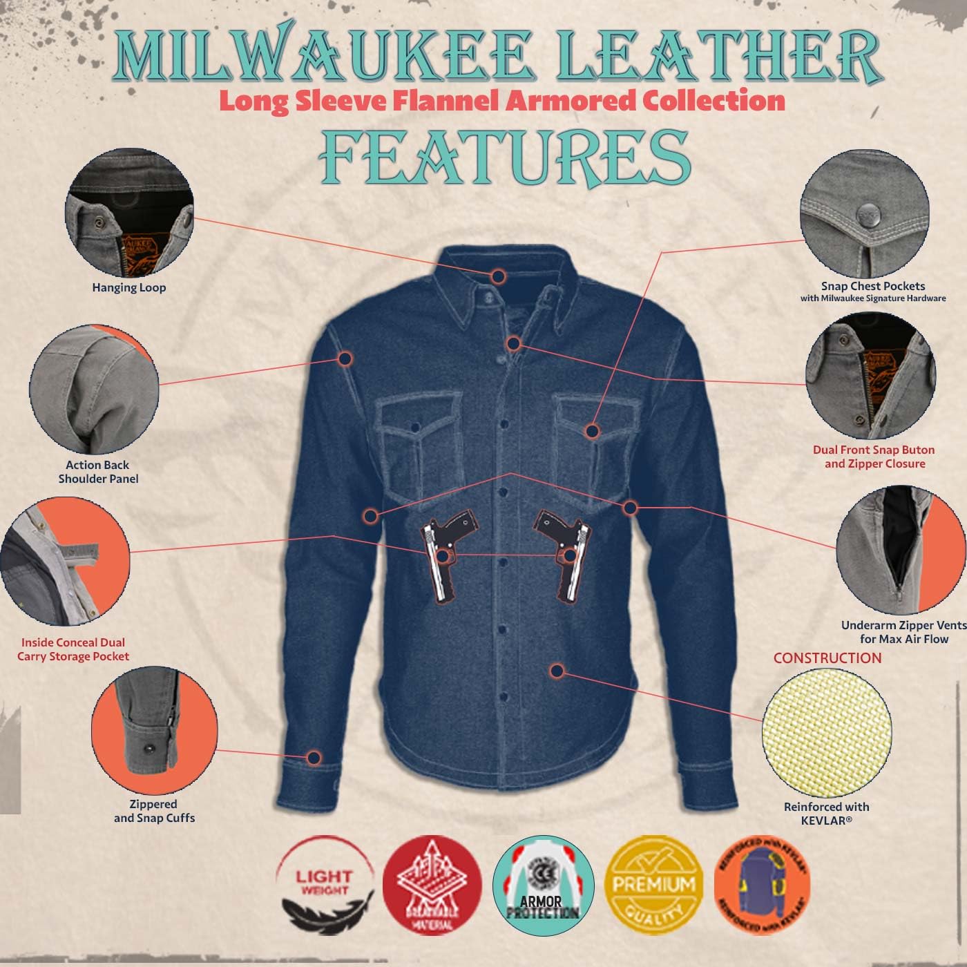 Milwaukee Leather Men's Long Sleeve Armored Flannel Shirt - Large