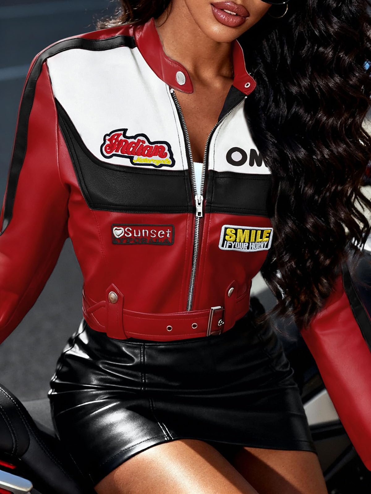 Gudasuo Womens Faux Leather Jackets Motorcycle Racing Jacket with Patches Zip Front Stand Collar Fall Outfits Winter Clothes Cropped Coat Outwear
