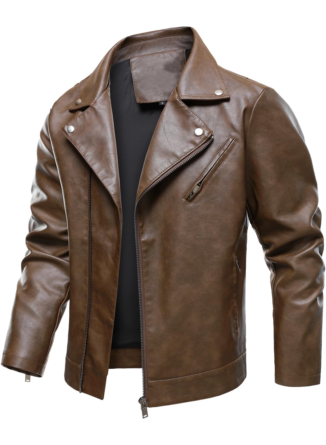 HOOD CREW Men’s Faux Leather Jacket Cool Motorcycle Lapel Biker Jackets Zip Up Riding Coat Brown L
