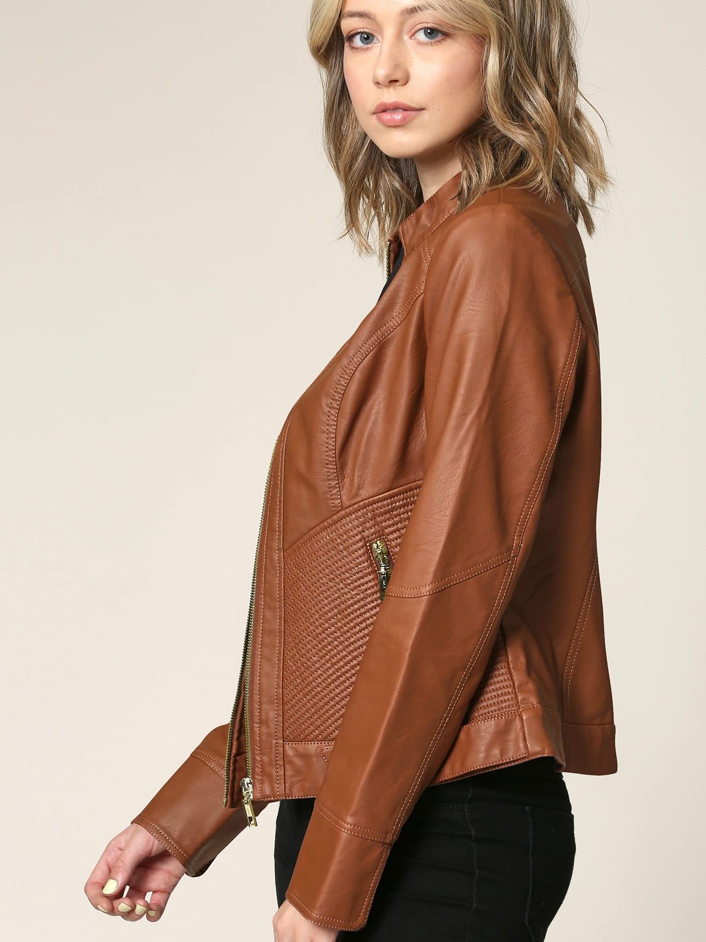 LL WJC747 Womens Dressy Vegan Leather Biker Jacket M CAMEL