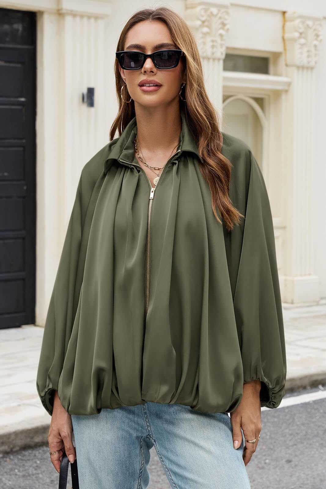 EGOCKAL Womens Satin Puffed Bomber Jacket Oversized Batwing Sleeve Lapel Collar Pleated Zip Up Outerwear Shirts