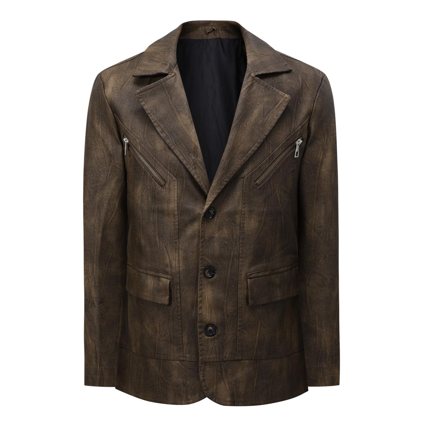 YFFUSHI Men's Vintage Faux Leather Blazer Jacket Brown