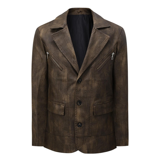 YFFUSHI Men's Vintage Faux Leather Blazer Jacket Brown
