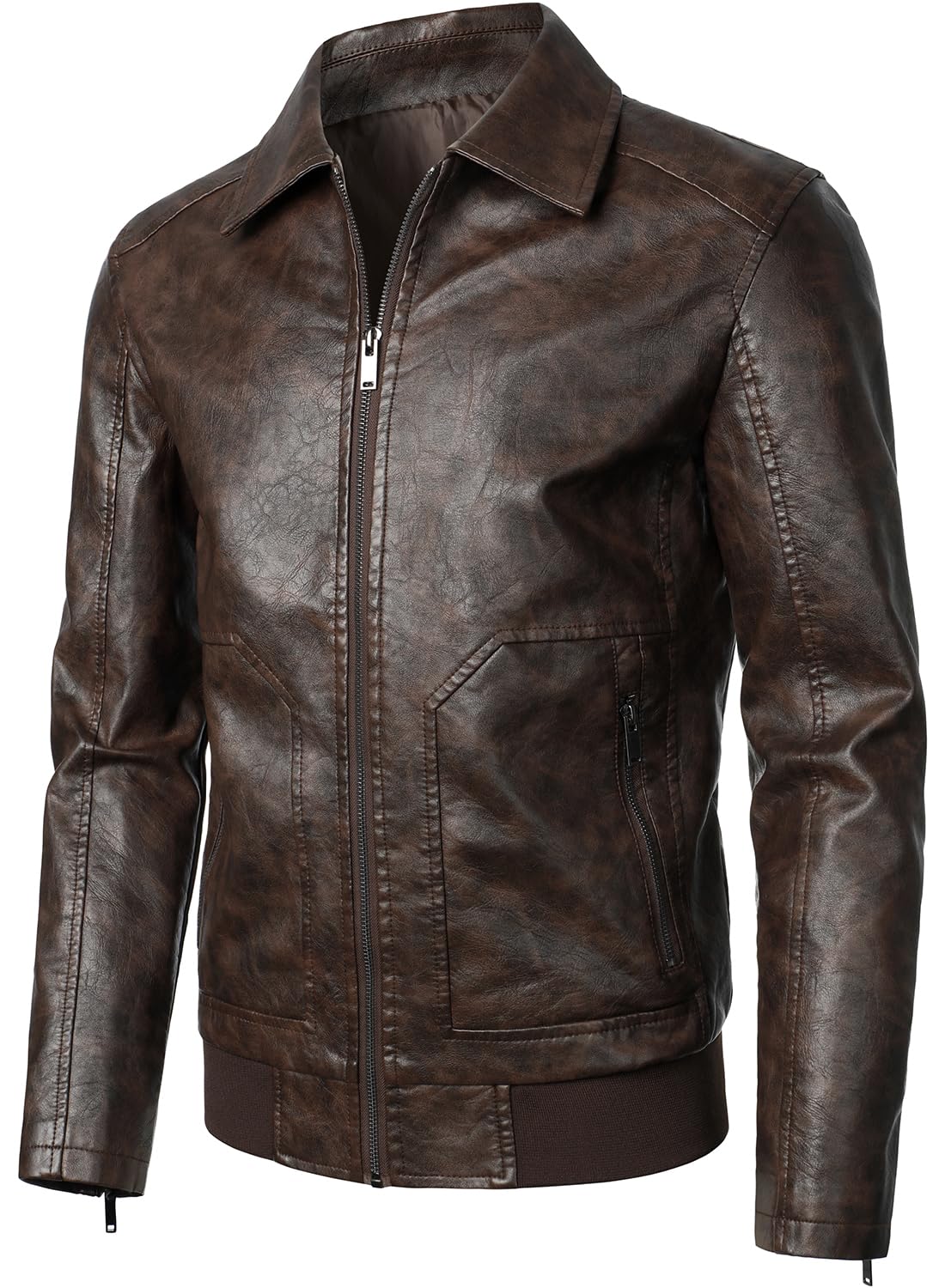 HOOD CREW Mens Faux Leather Bomber Jacket Classic Style Motorcycle Jackets Coffee L