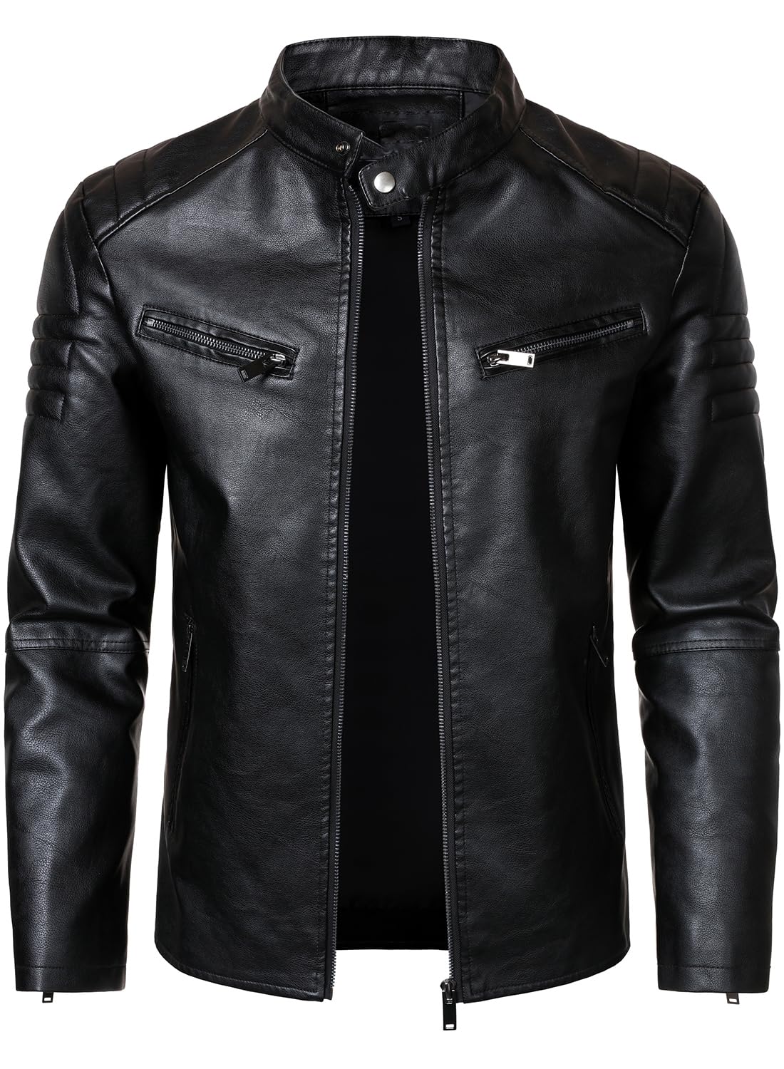 HOOD CREW Men’s Faux Leather Motorcycle Jackets Stand-up Collar Leather Jacket Vintage Coats Outwear Black M