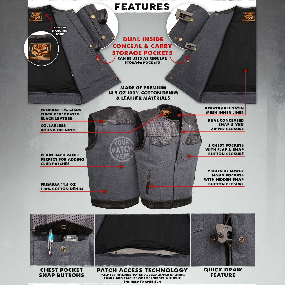 Milwaukee Leather MDM3005 Men's Brute Grey Denim w/Black Perforated Leather Club Style Vest w/Hidden Dual Closure - XXX-Large