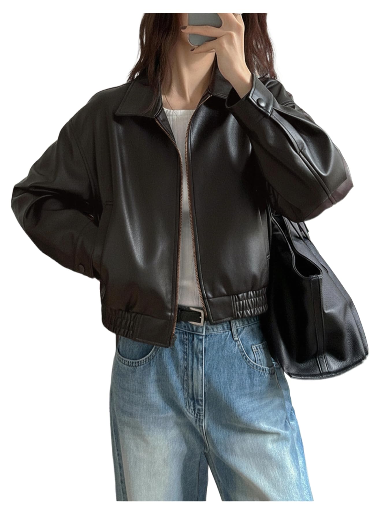 BEAUDRM Women's Y2K Faux Leather Jacket Zip Up Crop Bomber Jacket Going Out Motor Bike Motorcycle Coat Streetwear with Pocket Black Large