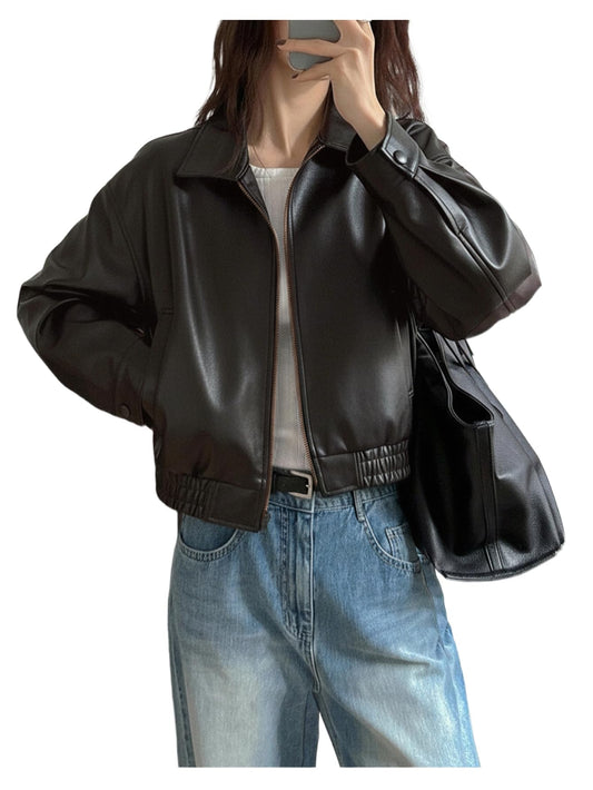 BEAUDRM Women's Y2K Faux Leather Jacket Zip Up Crop Bomber Jacket Going Out Motor Bike Motorcycle Coat Streetwear with Pocket Black Large