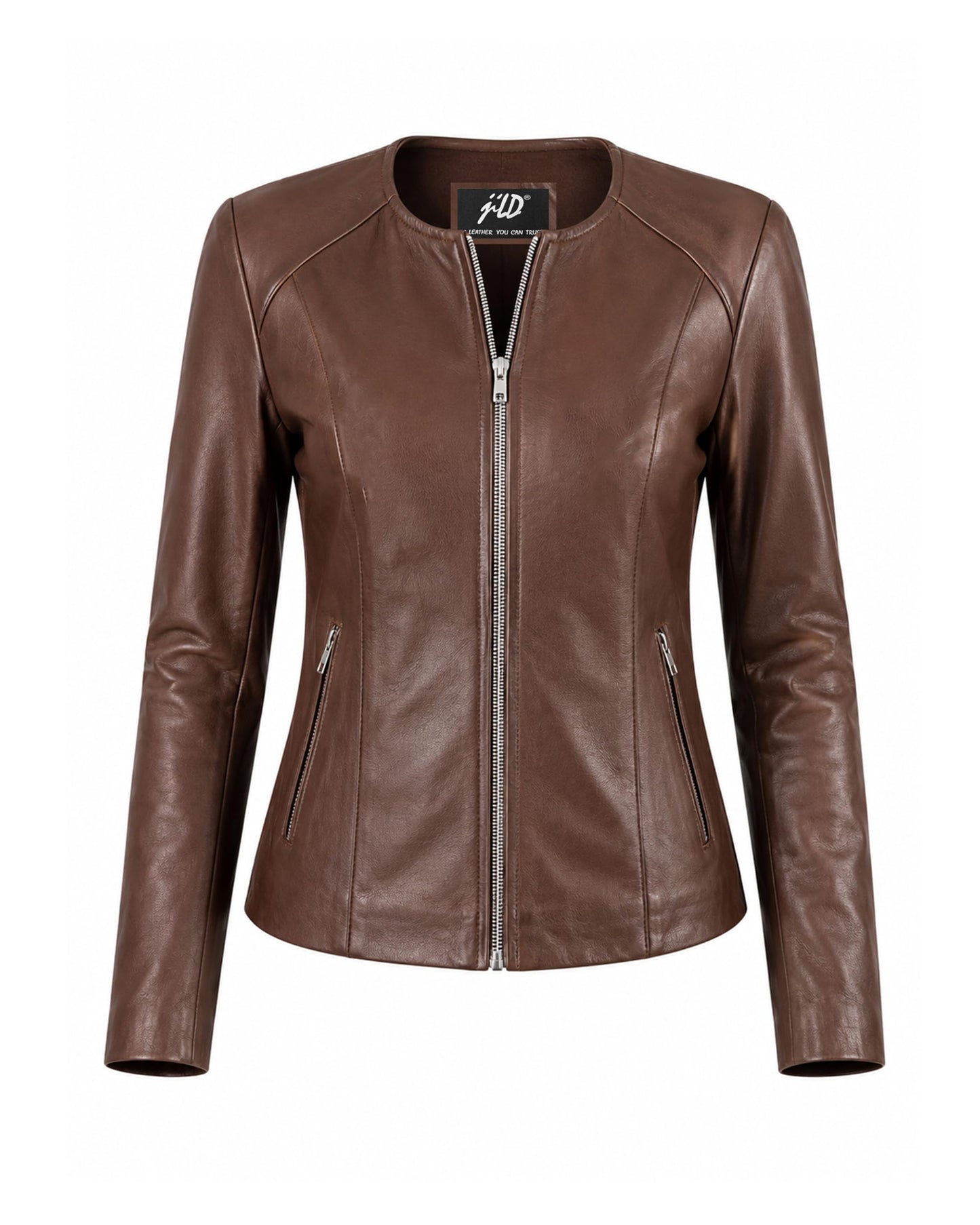 Jild Stylish Collarless Leather Jacket Women – Slim Fit Elegant Style Womens Lightweight Lambskin Leather Jacket (Bas.Wo-Cognac-4XL)