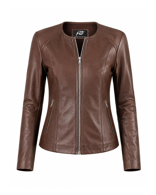 Jild Stylish Collarless Leather Jacket Women – Slim Fit Elegant Style Womens Lightweight Lambskin Leather Jacket (Bas.Wo-Cognac-4XL)