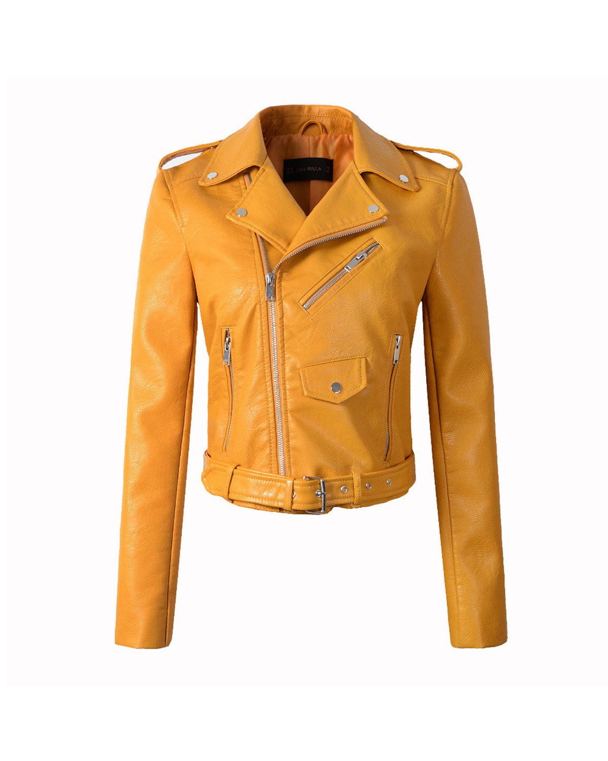 LY VAREY LIN Women's Faux Leather Motorcycle Jacket PU Slim Short Biker Coat (M, Yellow)