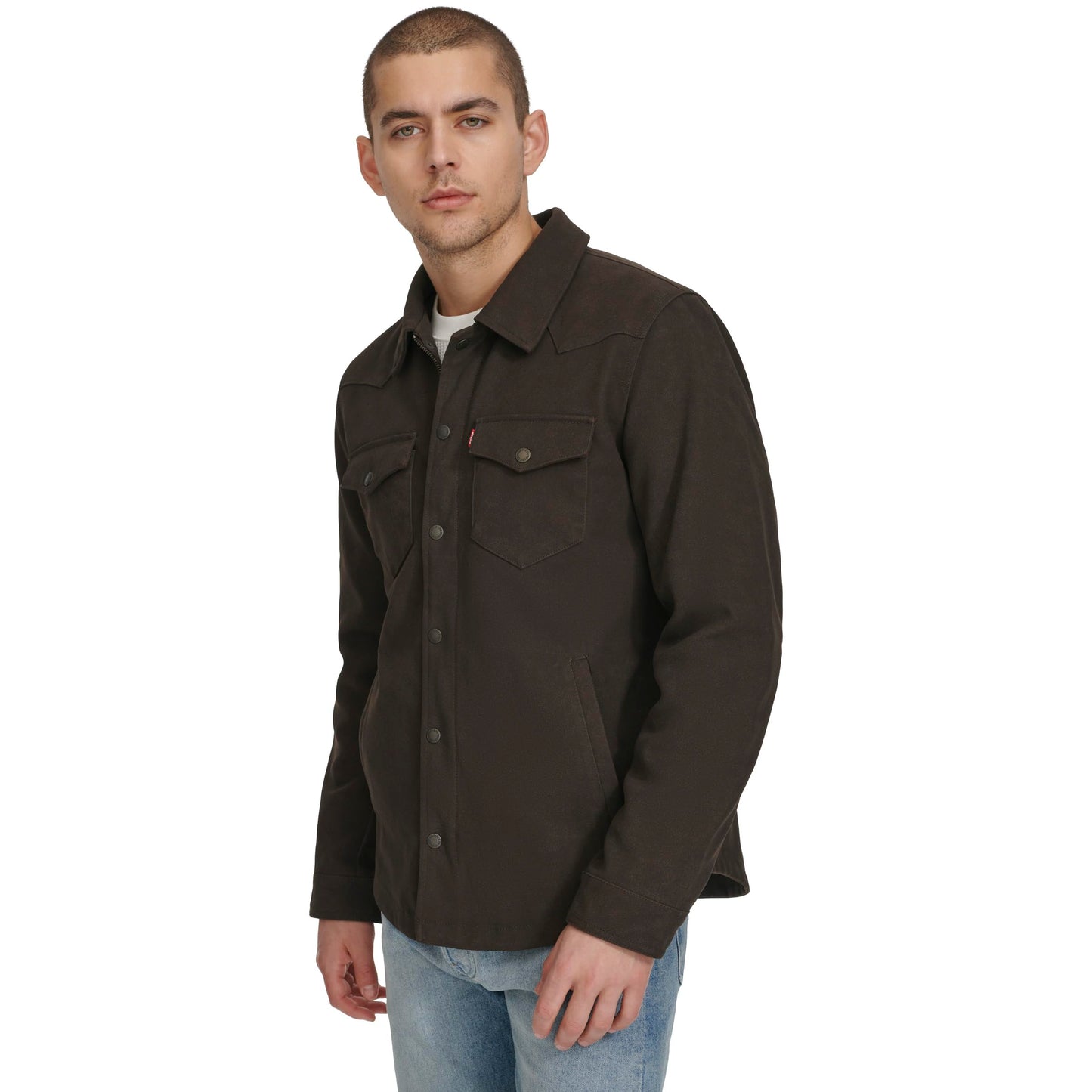 Levi's Men's Leather Shirt Jacket, New Dark Brown Faux Suede, Large