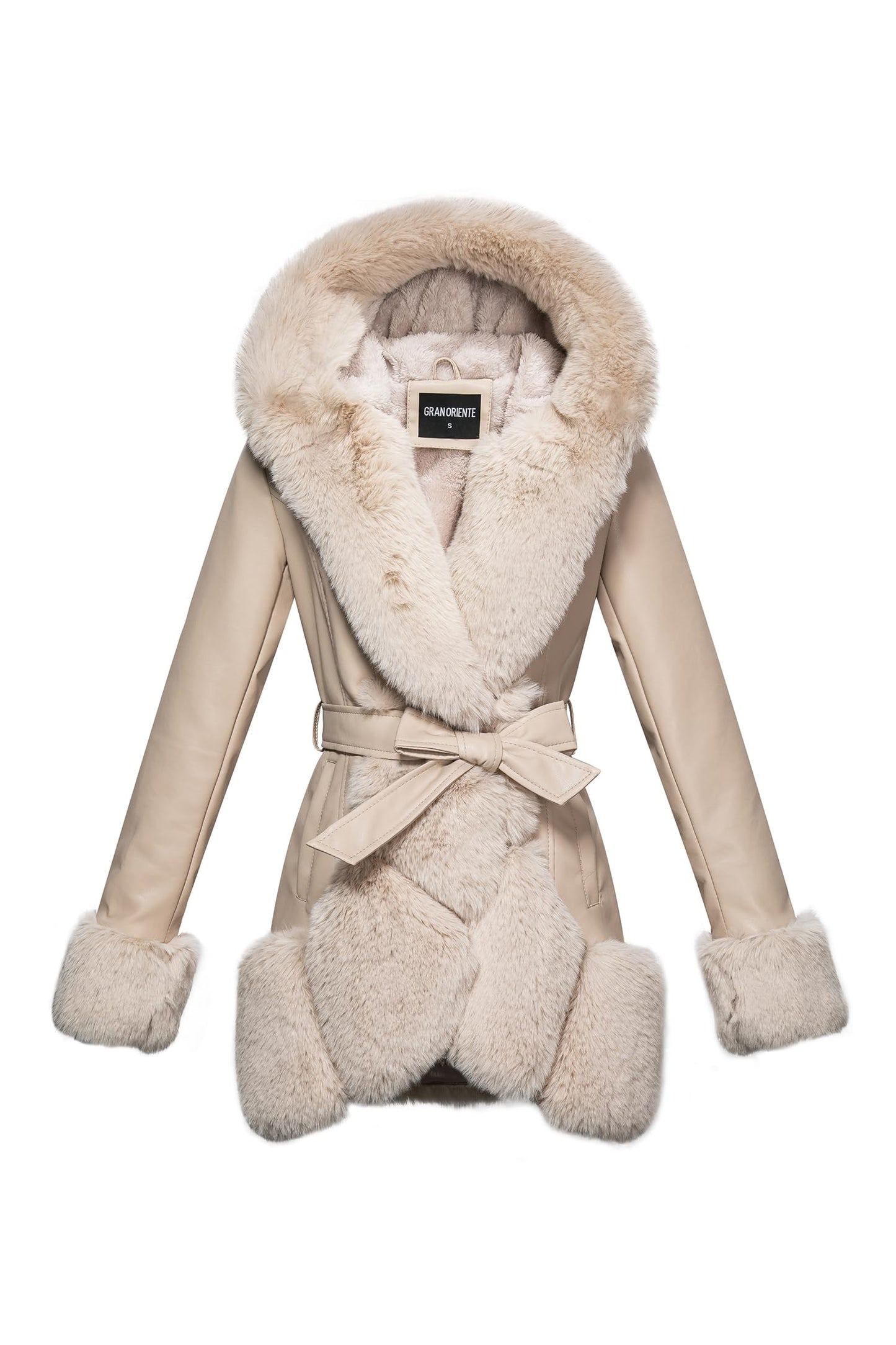 GRAN ORIENTE Women's Faux Leather Coat with Faux Fur Collar,Winter Warm Belted Mid Length Trim Jacket Fur Lined with Hood (002 Apricot S)