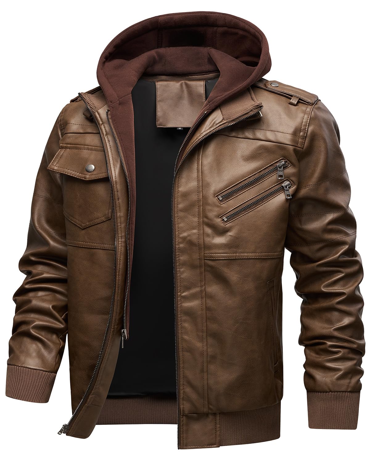 INVACHI Men's Leather Jacket Motorcycle Bomber Jacket with Removable Hood
