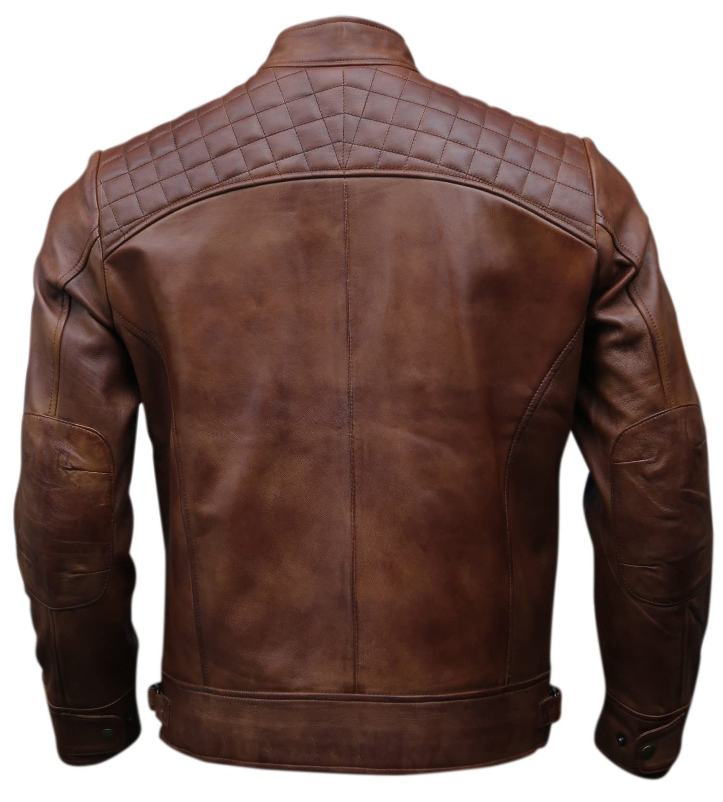 Mens Genuine Leather Biker Jacket Black | Vintage Brown Distressed Lambskin Motorcycle Jackets for Men (Wax Brown, Large)