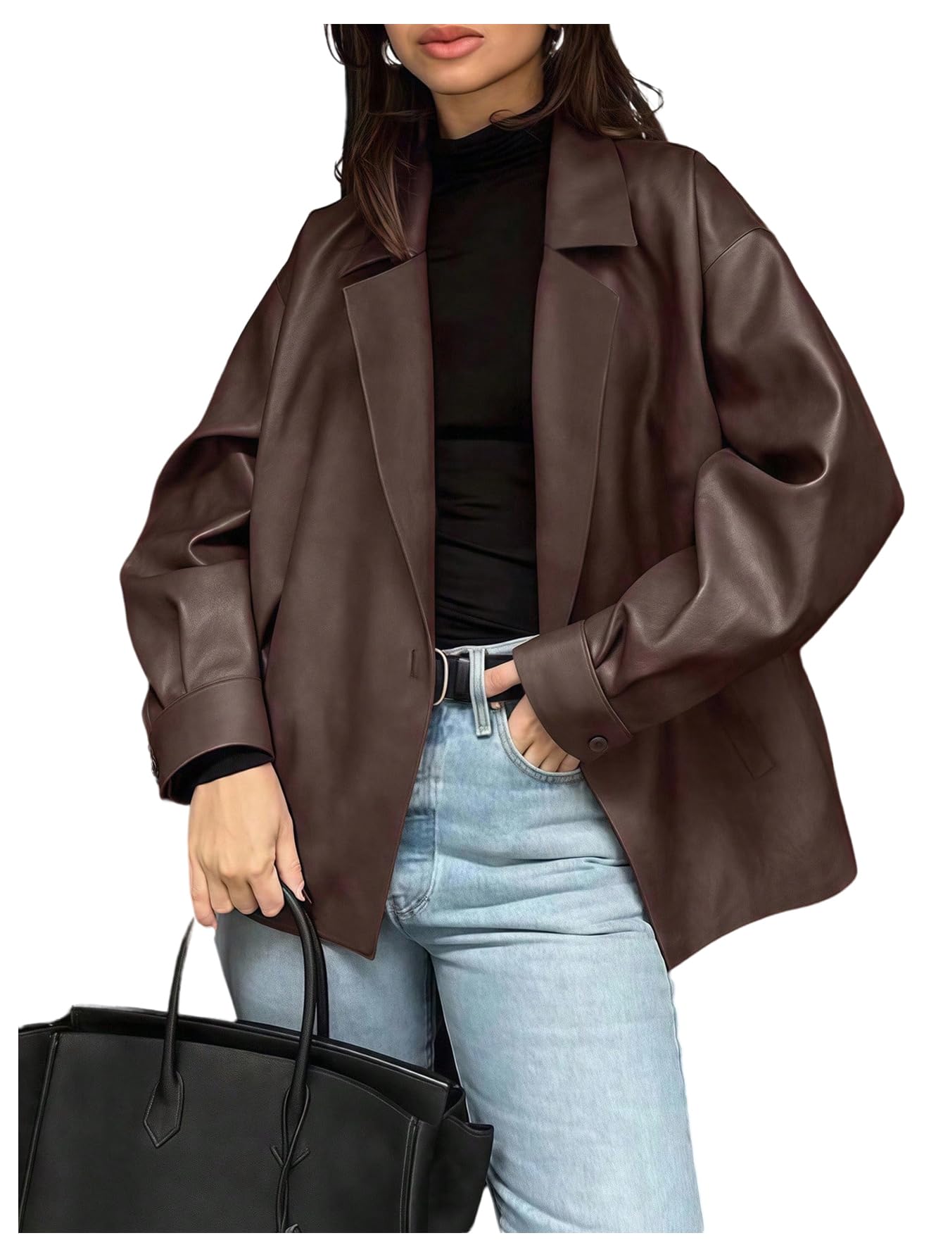 SHENHE Women's Faux Leather Lapel Collar Blazer Open Front Oversized Business Work Jacket Blazer Brown Small
