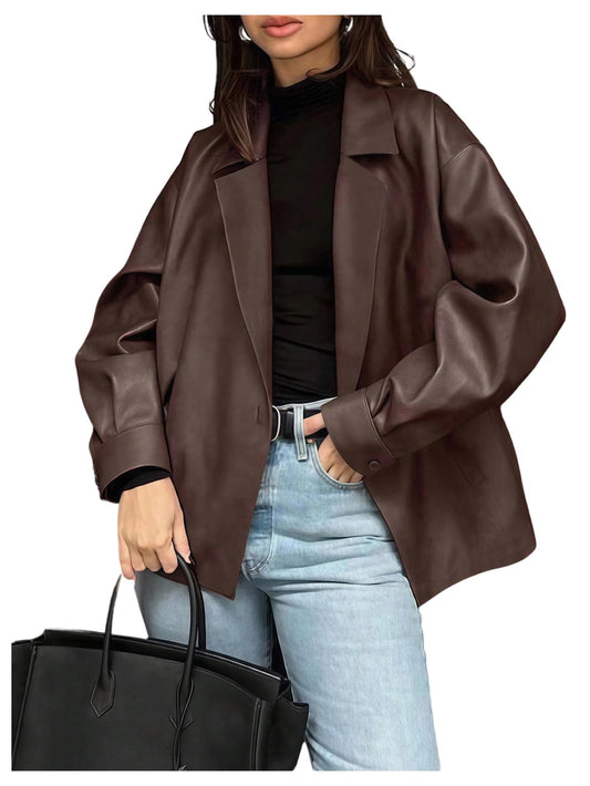 SHENHE Women's Faux Leather Lapel Collar Blazer Open Front Oversized Business Work Jacket Blazer Brown Small