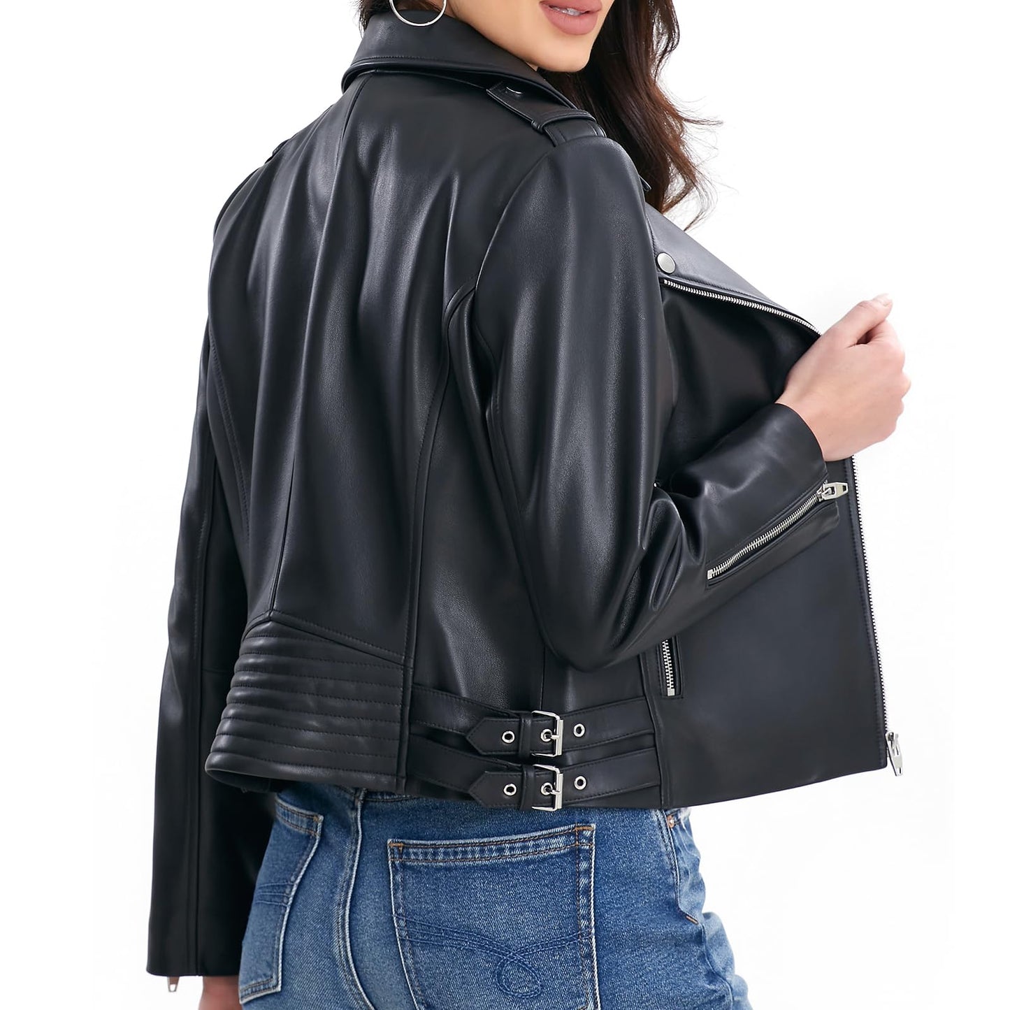 SILVER FASHIONS Asymmetrical Leather Jacket Women,Spring&Fall&Winter Lambskin Moto Outwear(Large,Black)