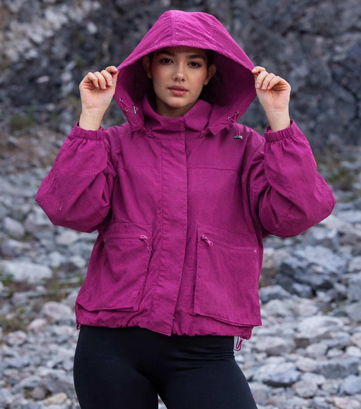 PESION Packable Rain Jacket Women Lightweight Waterproof Raincoat with Hood Cycling Biker Jackets, Hot Pink, Large