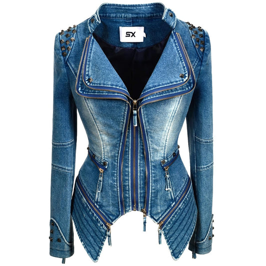 Fashion SX Womens Rivet Faux Leather Jacket Zipper Moto Biker Denim coat Motorcycle Outwear (S, Blue)