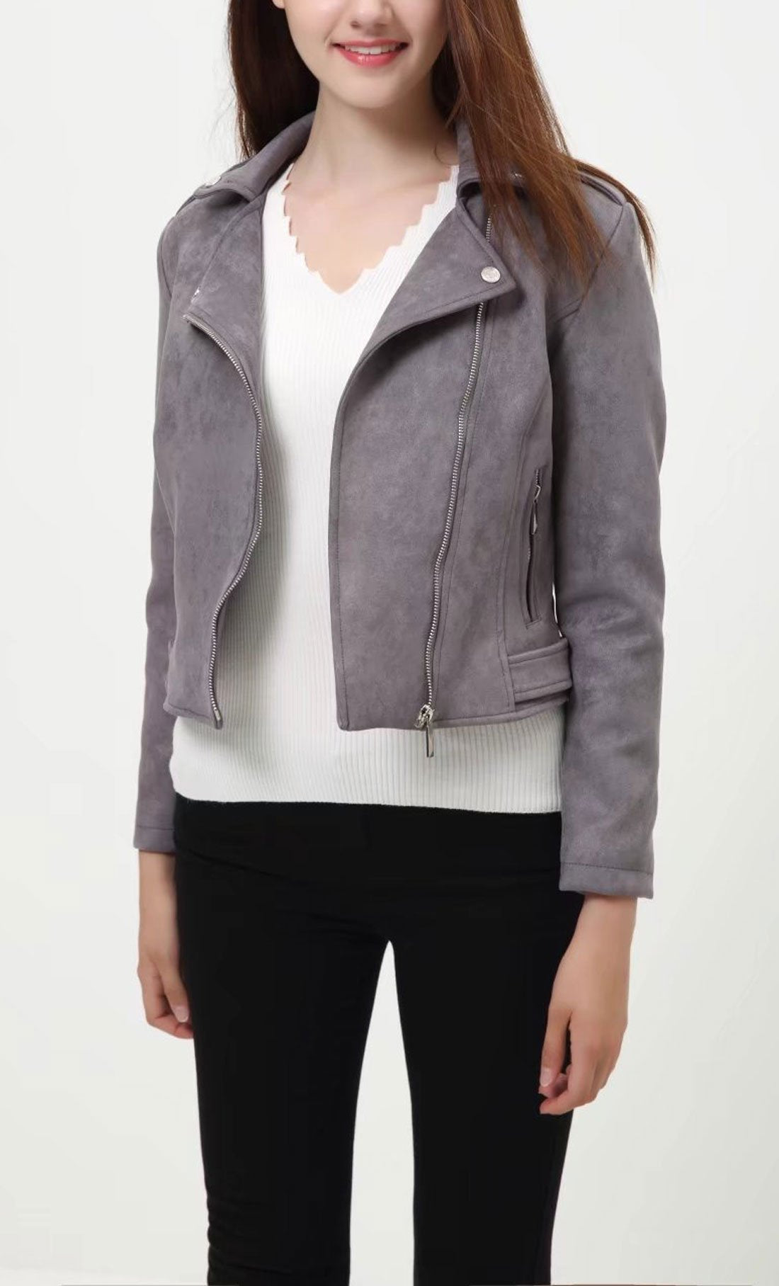 CHARTOU Women's Fall 2023 Fashion Faux Suede Leather Casual Moto Biker Jacket Coats (Small, Grey)