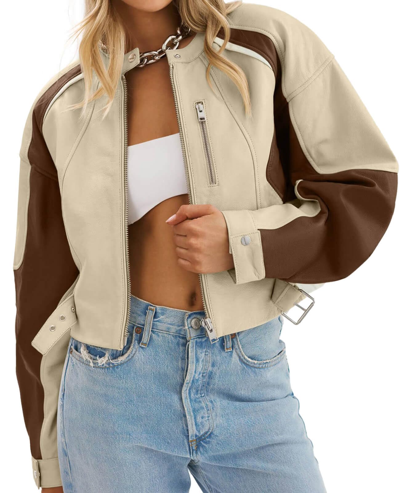 Tankaneo Womens Faux Leather Bomber Jackets Cropped Fall Moto Biker Coats