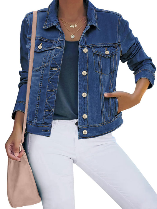 luvamia Women's Casual Basic Button Down Stretch Regular Fit Long Sleeves Denim Jean Jacket Fall Jacket Nightfall Blue Size Medium Fits Size 8-10