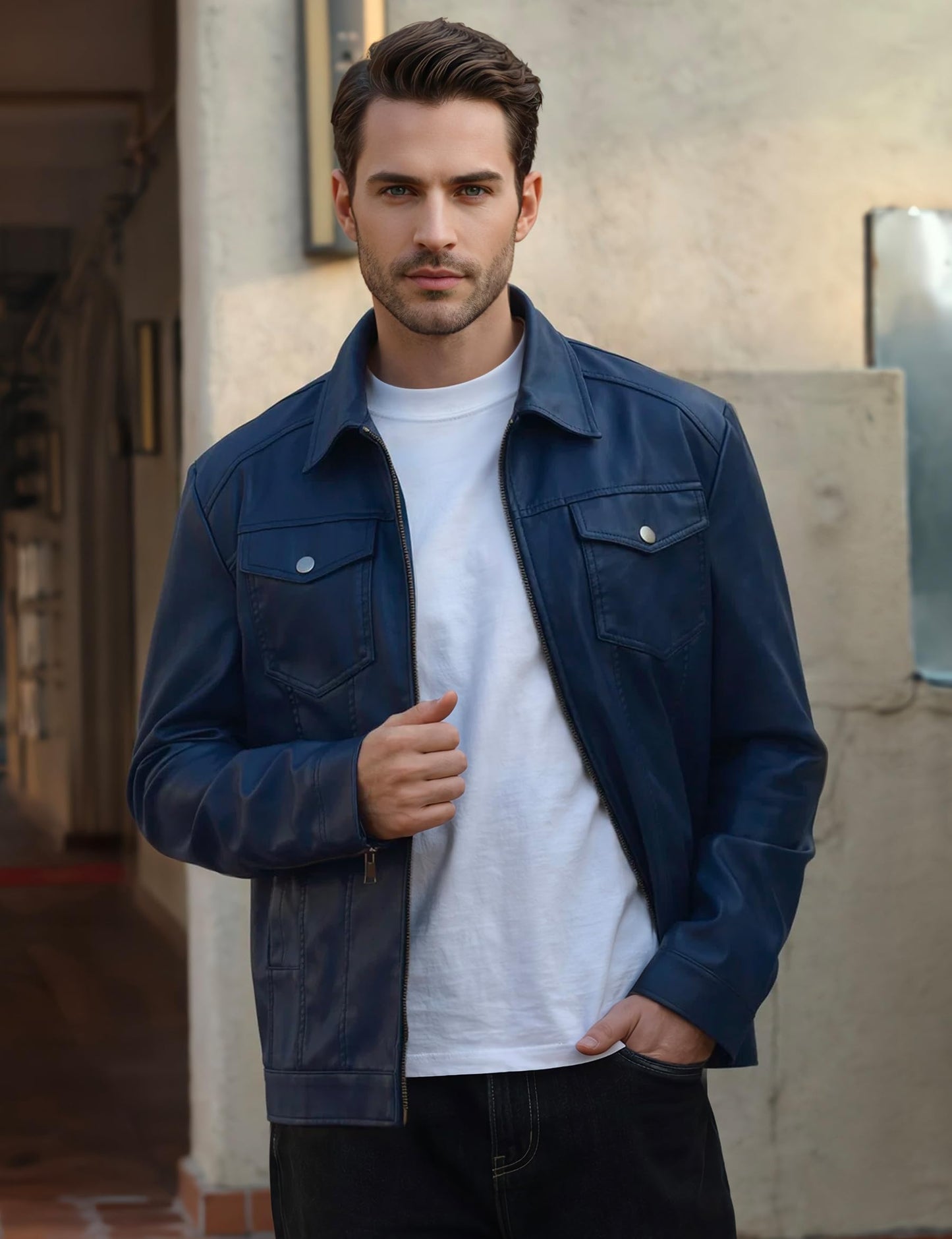 Blue Leather Jacket Men Faux Leather Moto Biker Coat Outwear Windproof XL