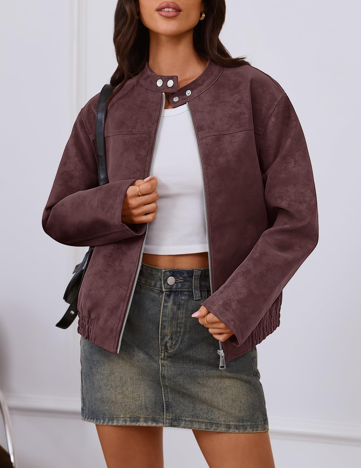 MEROKEETY Women's Faux Suede Bomber Jackets 2026 Trendy Long Sleeve Zip Up Fall Winter Coat Outerwear