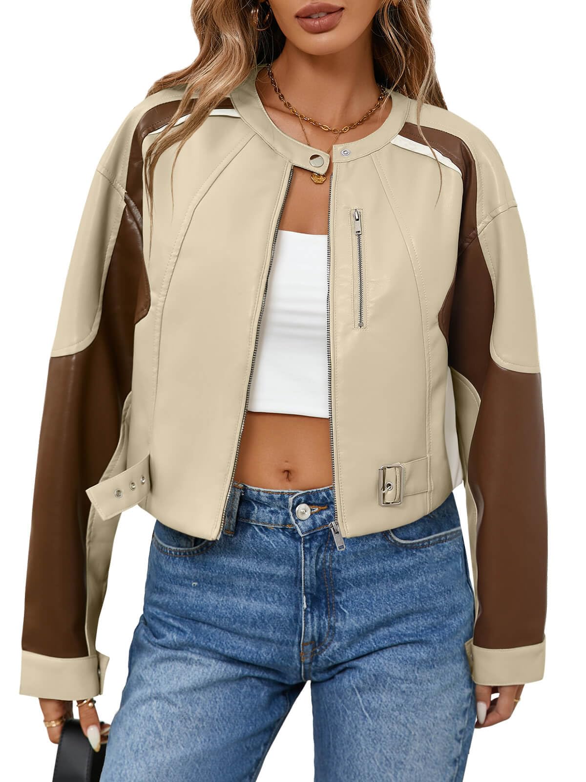 Tankaneo Womens Faux Leather Bomber Jackets Cropped Fall Moto Biker Coats