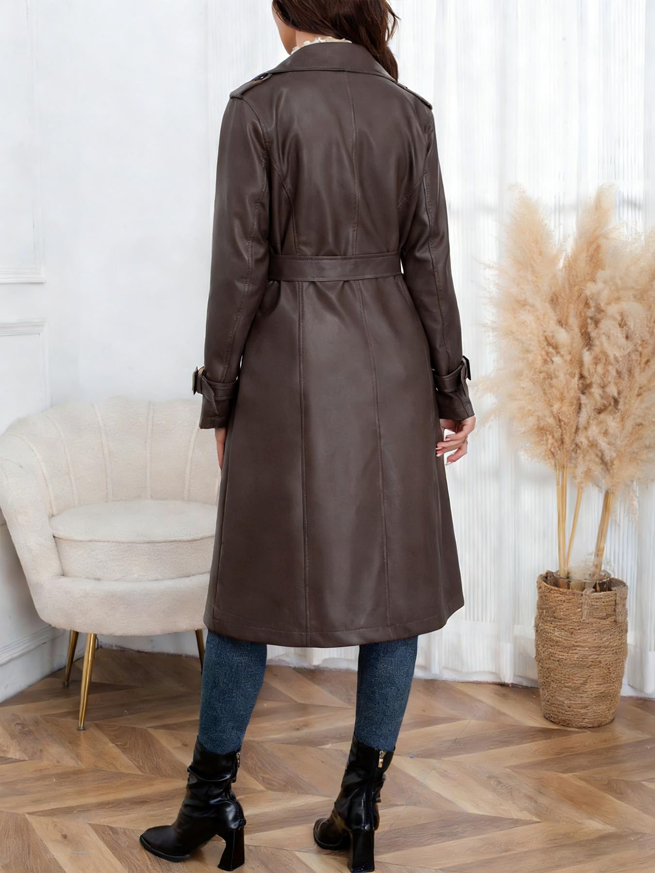 utcoco Women's Faux Leather Trench Coat Double Breasted Belted High Waist Long PU Leather Jacket Fall Winter Outerwear (Medium, Brown)